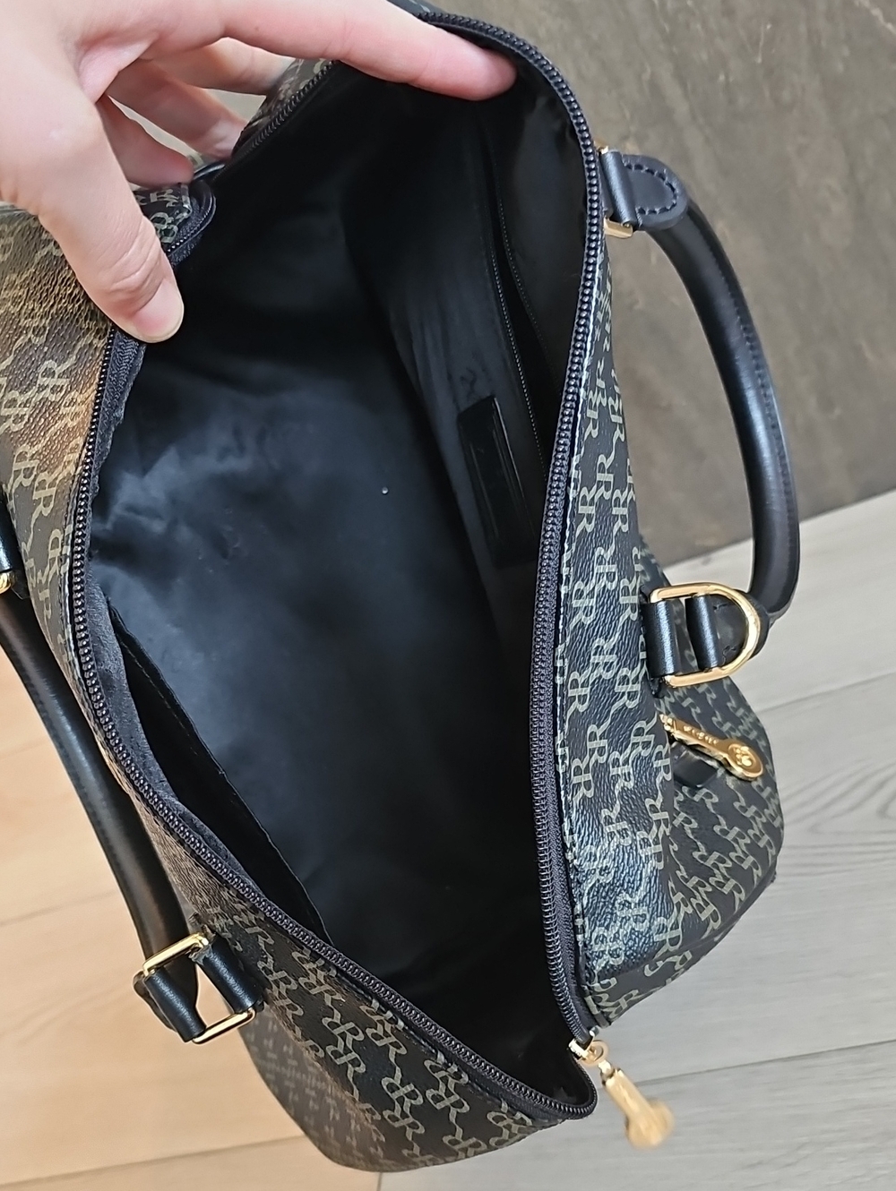 Rioni Monogram Barrel Satchel Handbag Black Brown Gold Top Handle Bag - Picture 11 of 14